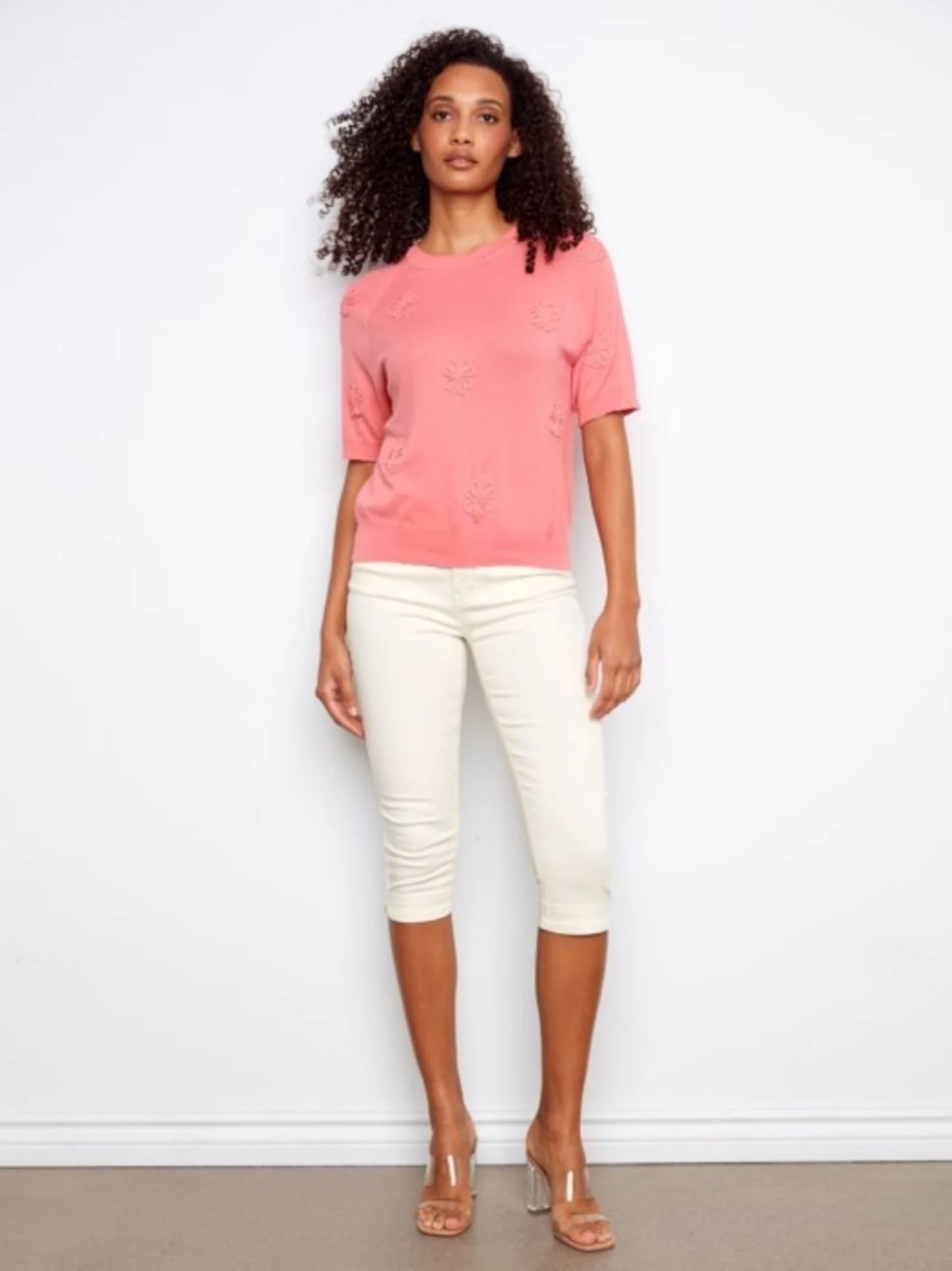Charlie B-C2969-298-Raglan Elbow Sleeve Sweater W/Flowers Soutache Detail-Sorbet - The Coach Pyramids
