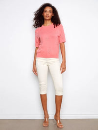Charlie B-C2969-298-Raglan Elbow Sleeve Sweater W/Flowers Soutache Detail-Sorbet - The Coach Pyramids