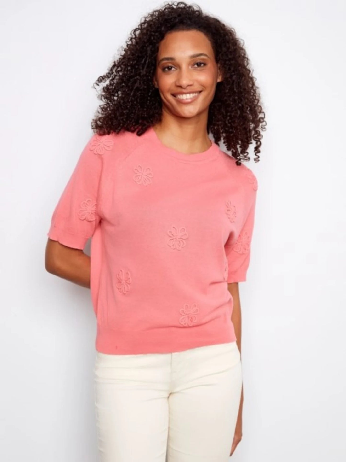 Charlie B-C2969-298-Raglan Elbow Sleeve Sweater W/Flowers Soutache Detail-Sorbet - The Coach Pyramids