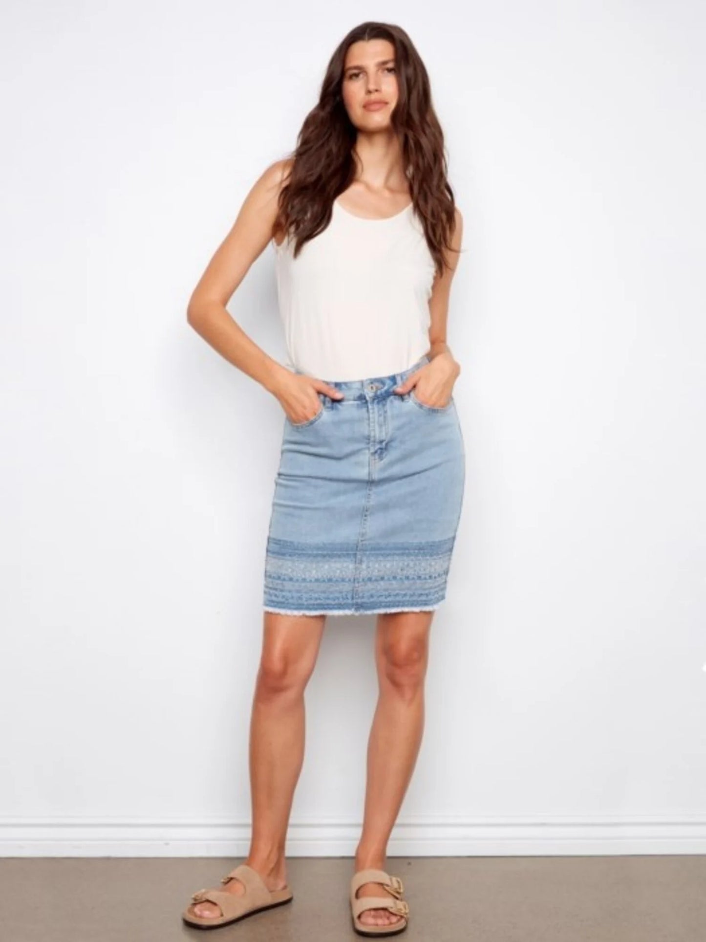Charlie B-C7082R-140-Denim Skort W/ Beaded Embroidered Hem-LT Blue - The Coach Pyramids