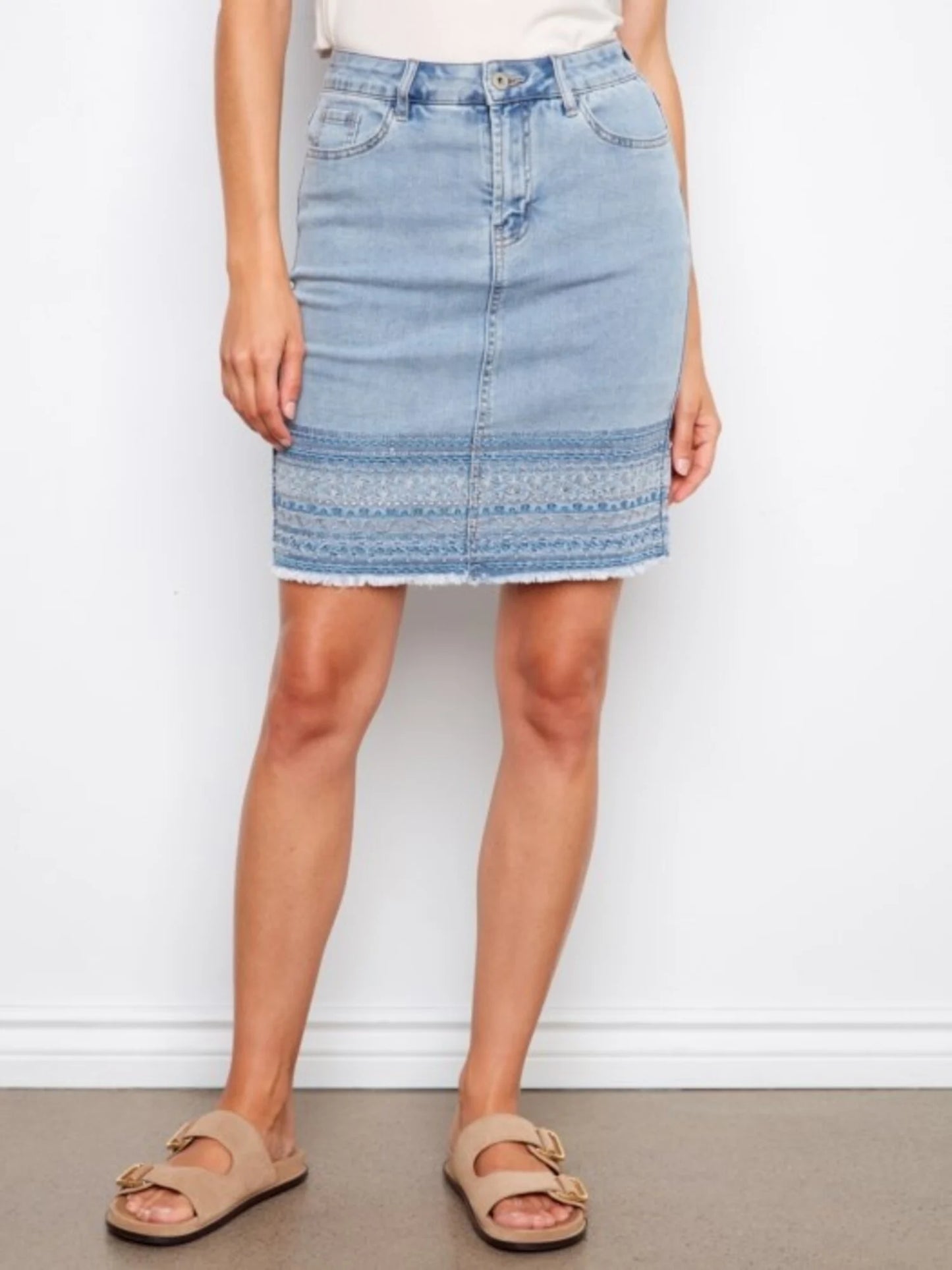 Charlie B-C7082R-140-Denim Skort W/ Beaded Embroidered Hem-LT Blue - The Coach Pyramids