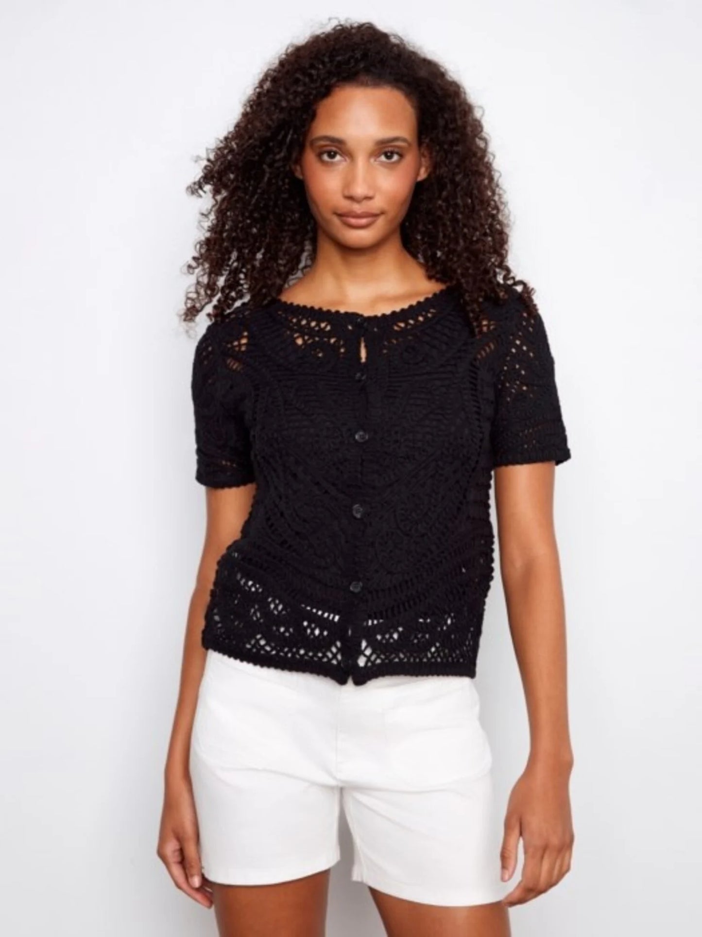 Charlie B-C2965-001-Short Sleeve Crochet Sweater W/Placket And Buttons On Back-Black - The Coach Pyramids
