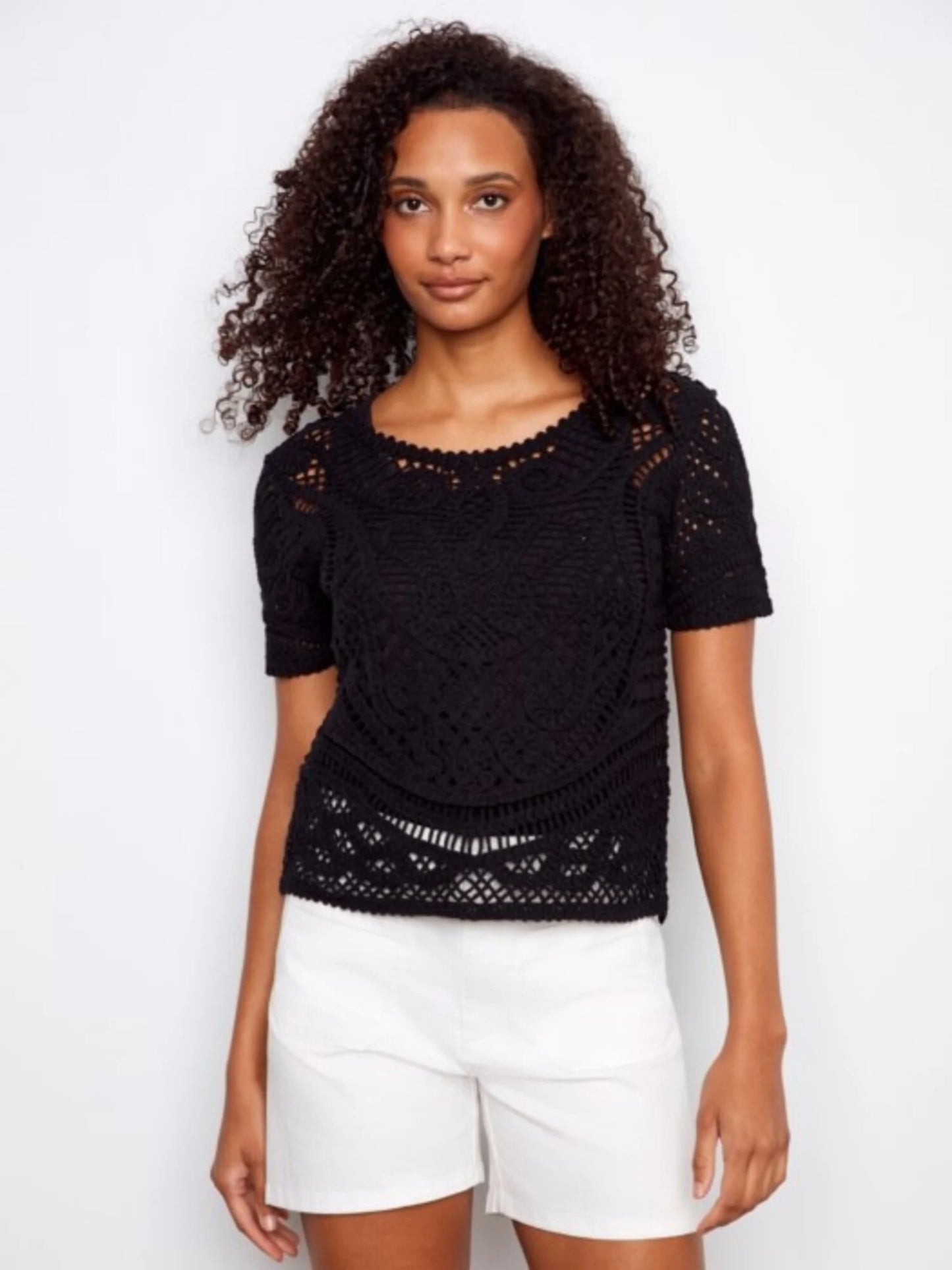 Charlie B-C2965-001-Short Sleeve Crochet Sweater W/Placket And Buttons On Back-Black - The Coach Pyramids