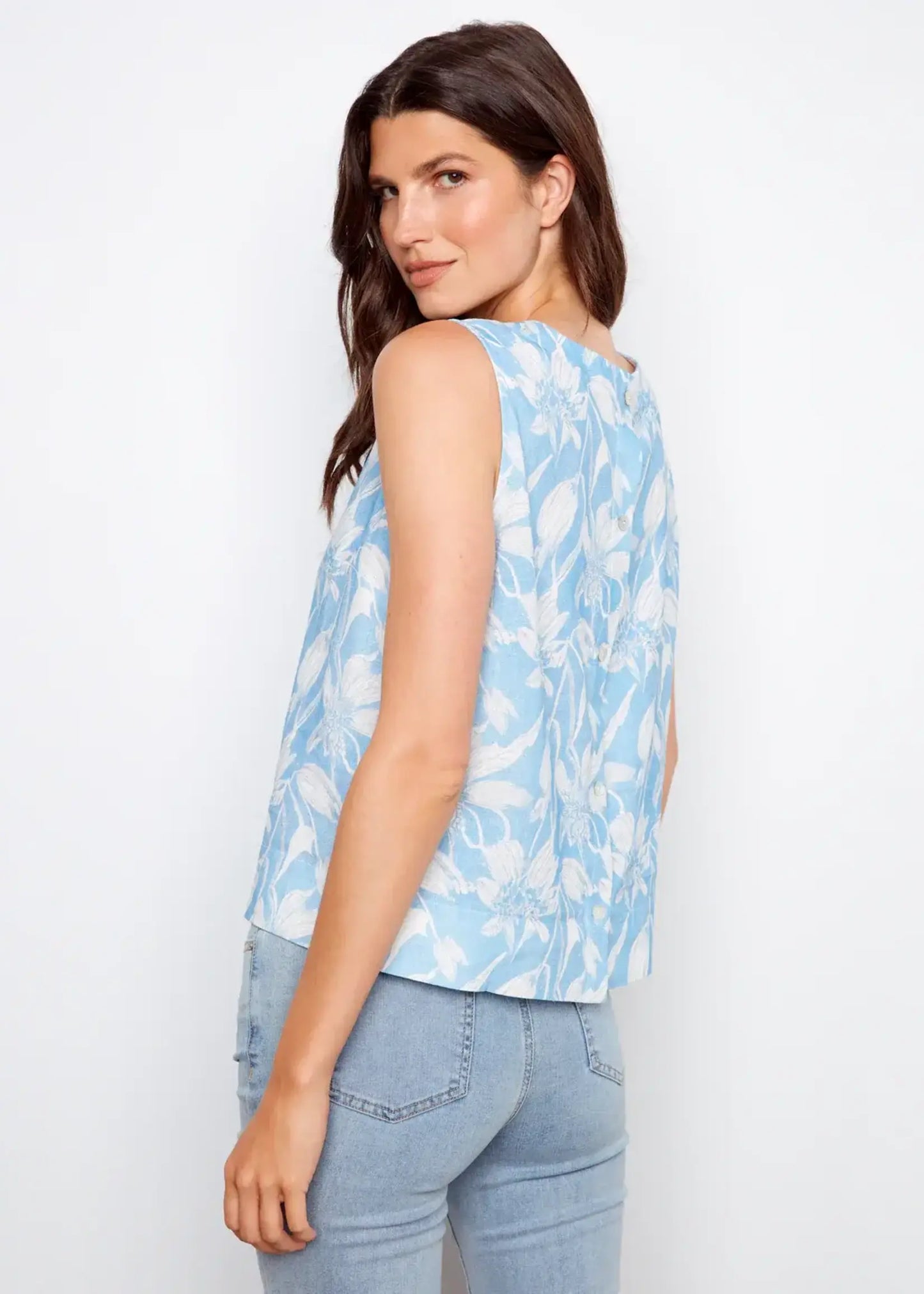 Charlie B-C4653B-P159-Print Sleeveless Blouse W/Back Button Detail-Veranda - The Coach Pyramids