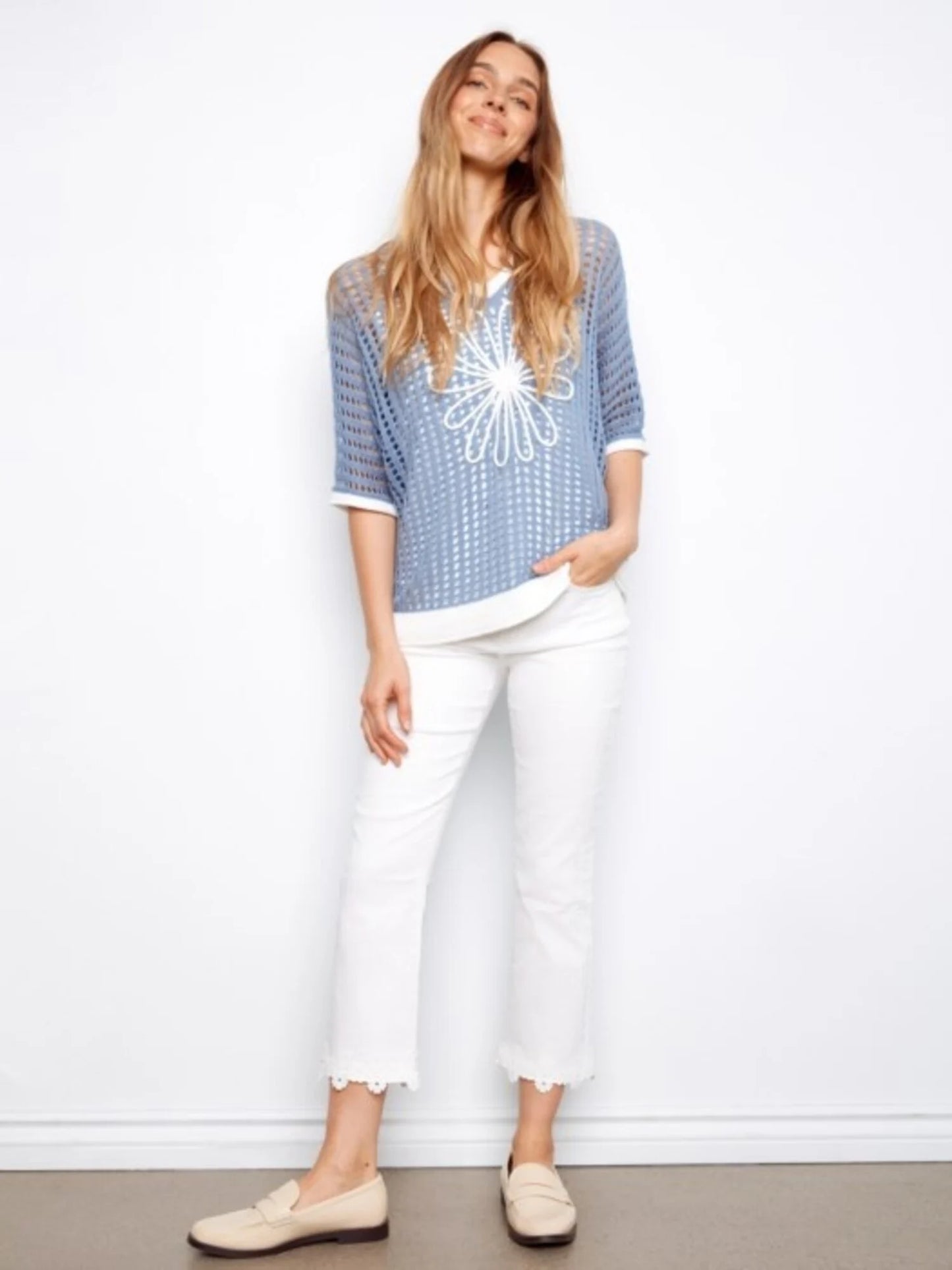 Charlie B-C2953-012-Fishnet Dolman Elbow Sleeve Sweater-Haze - The Coach Pyramids