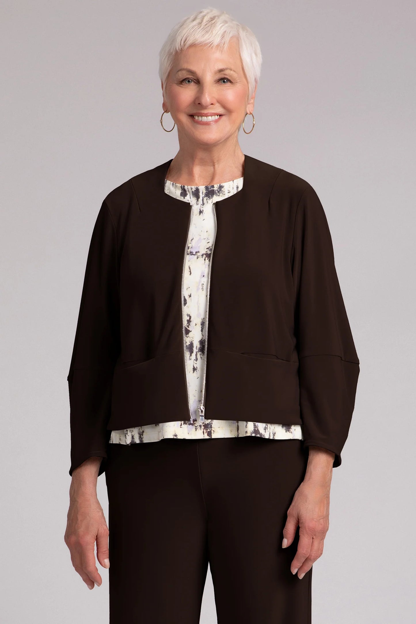 Sympli Fall 2024-25158-2-Cropped Lantern Jacket W/Zip Front-Chocolate - The Coach Pyramids