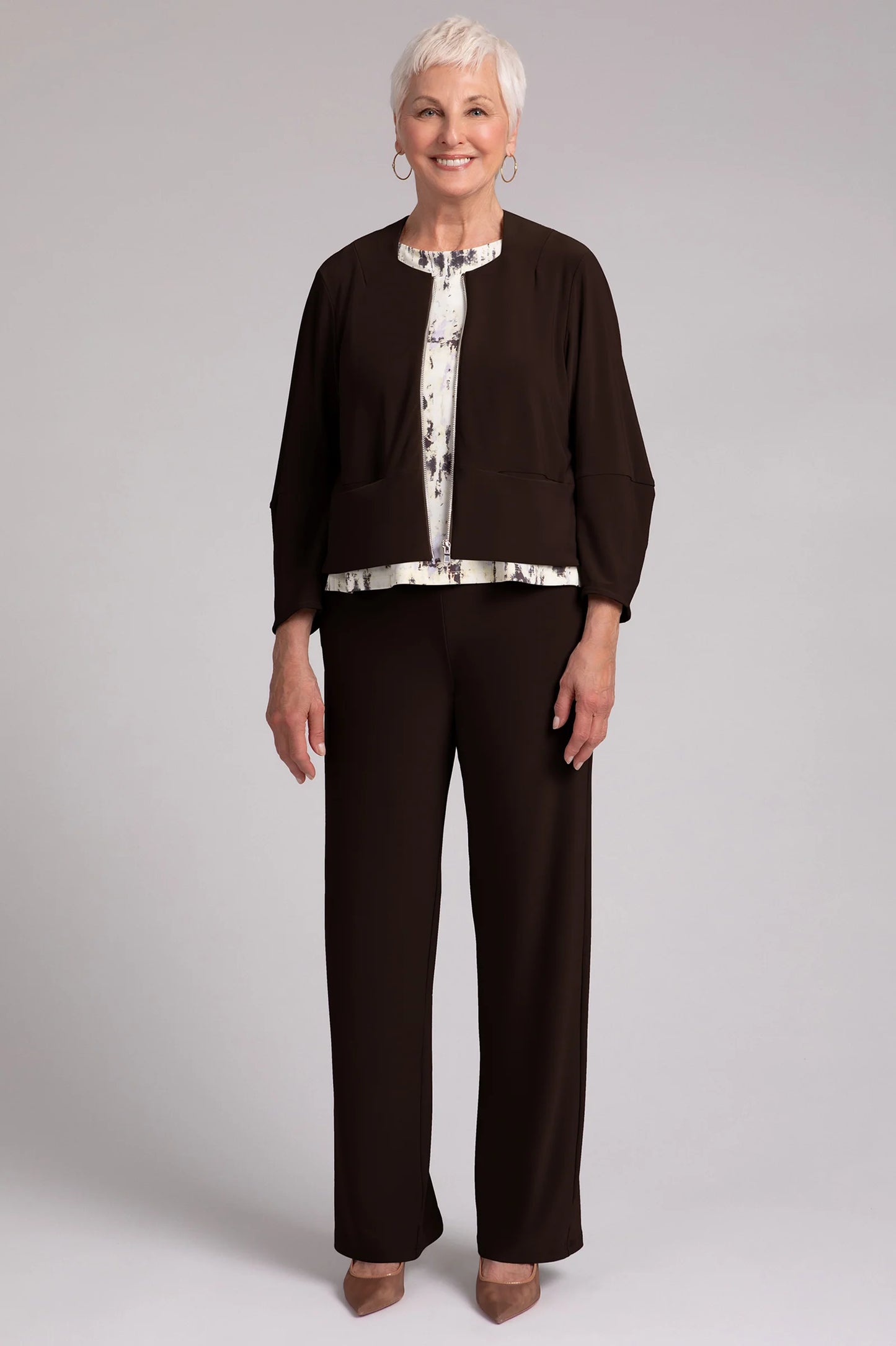 Sympli Fall 2024-25158-2-Cropped Lantern Jacket W/Zip Front-Chocolate - The Coach Pyramids