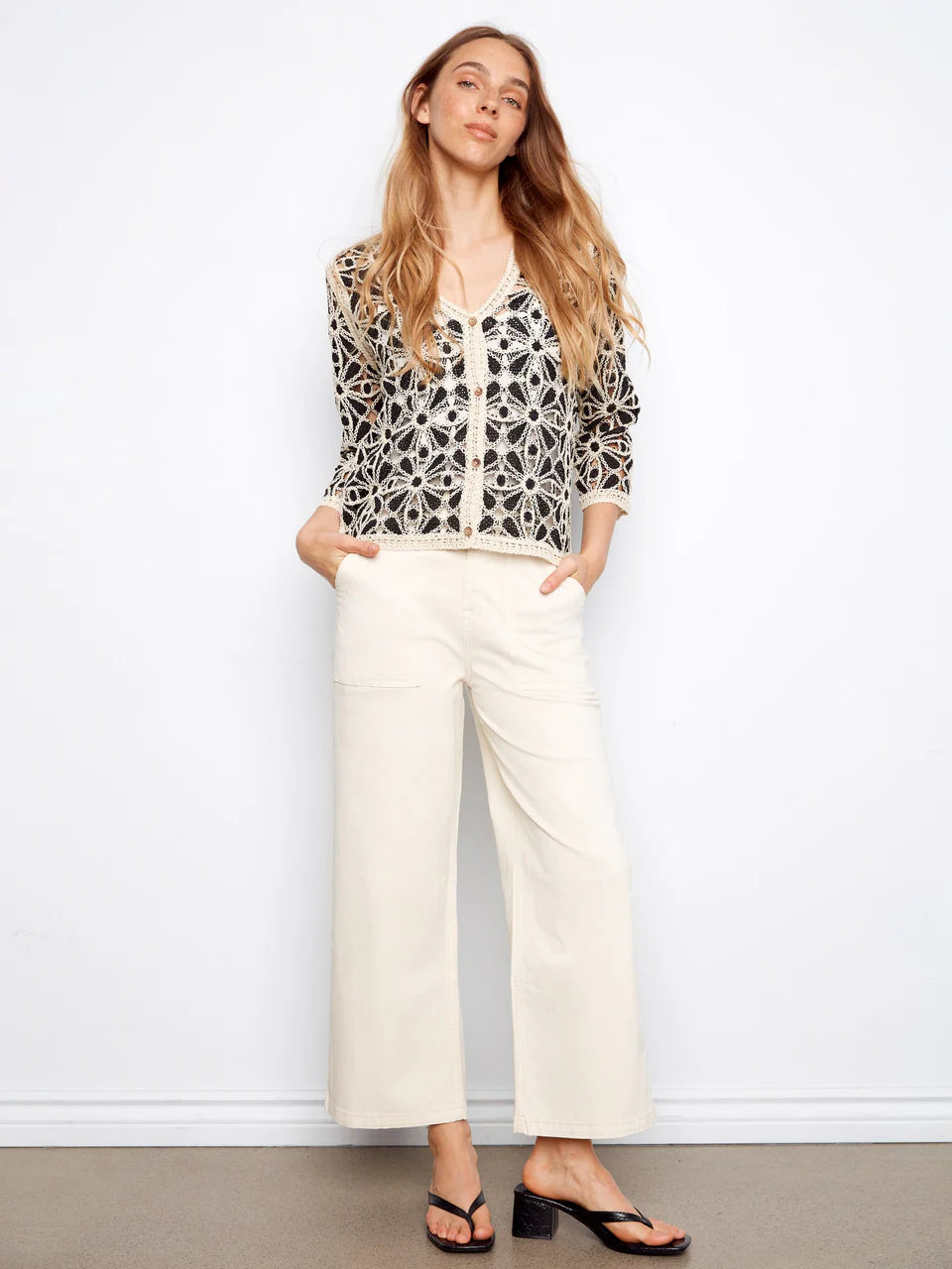 Charlie B-C2981-P001-3/4 Sleeve Crochet V Neck Cardigan-Black - The Coach Pyramids