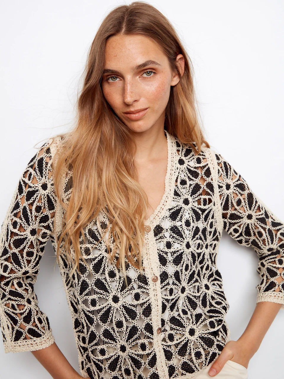 Charlie B-C2981-P001-3/4 Sleeve Crochet V Neck Cardigan-Black - The Coach Pyramids