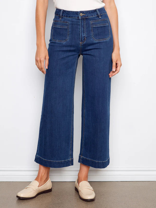Charlie B-C5538X-007-Stretch Denim Cropped Flare Leg Pants-Indigo - The Coach Pyramids