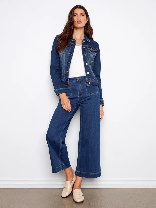 Charlie B-C5538X-007-Stretch Denim Cropped Flare Leg Pants-Indigo - The Coach Pyramids