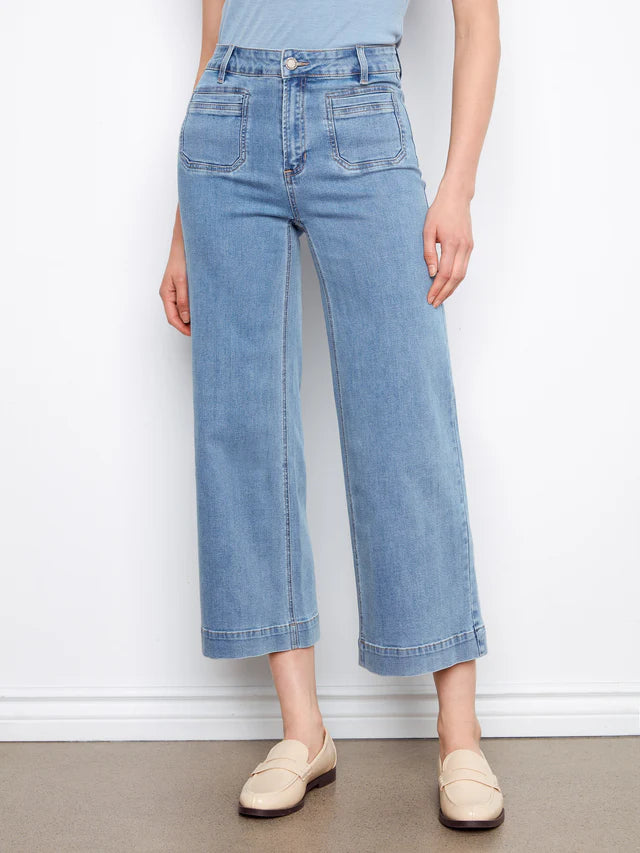Charlie B-C5538X-538-Stretch Denim Cropped Flare Leg Pants-Blue Jean - The Coach Pyramids