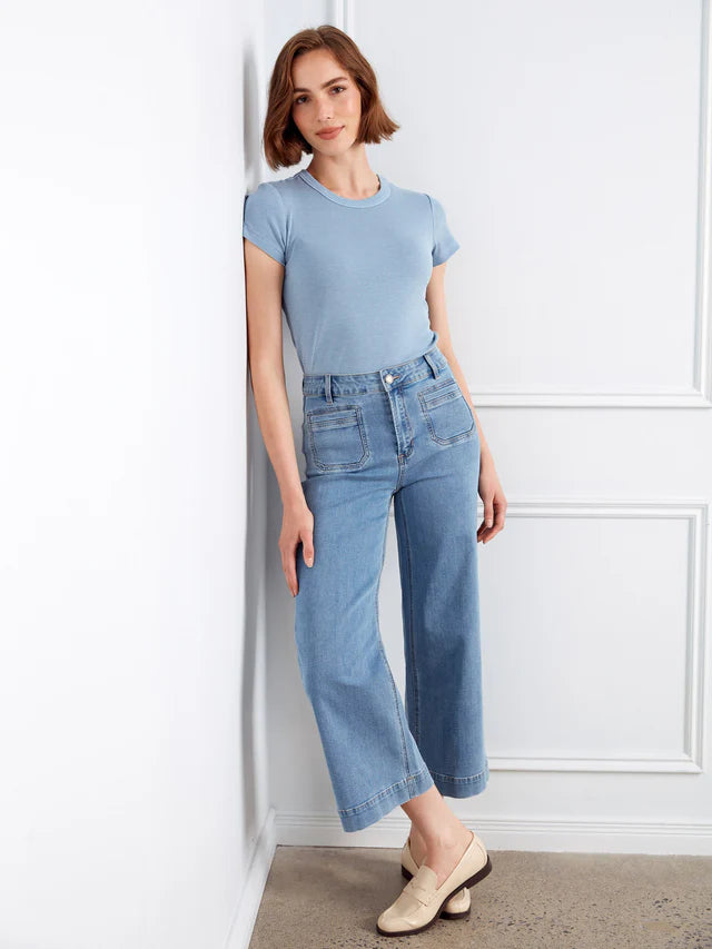 Charlie B-C5538X-538-Stretch Denim Cropped Flare Leg Pants-Blue Jean - The Coach Pyramids