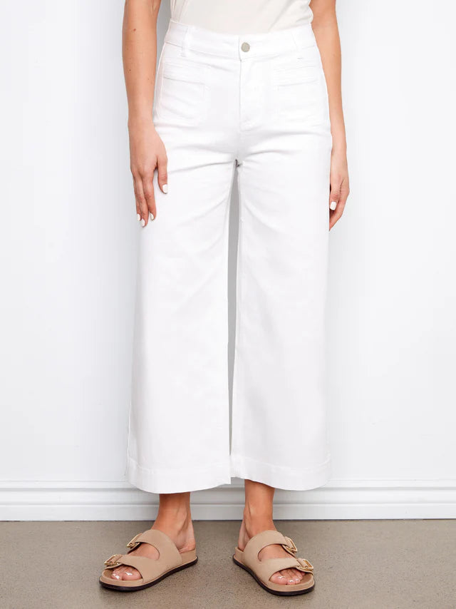 Charlie B-C5538X-002-Twill Cropped Flare Leg Pants-White - The Coach Pyramids