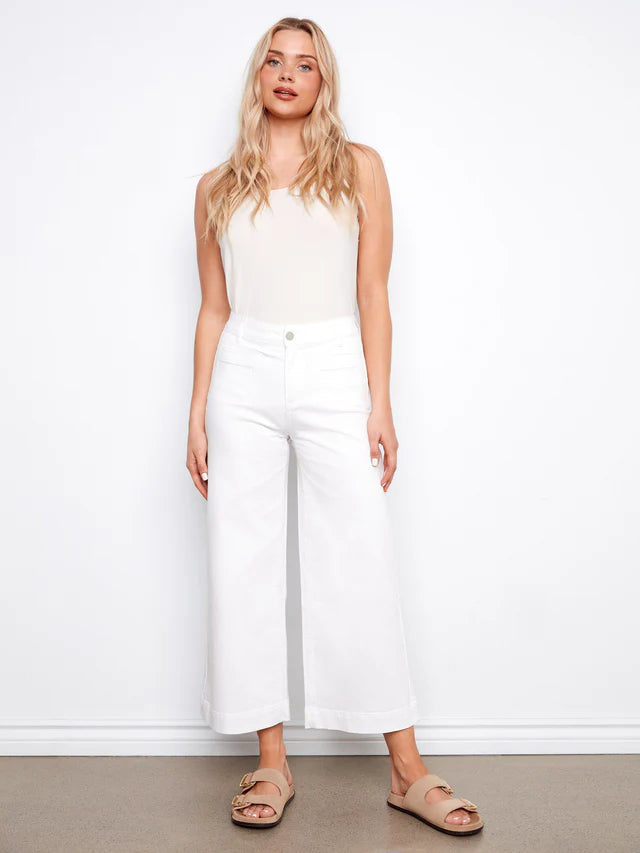 Charlie B-C5538X-002-Twill Cropped Flare Leg Pants-White - The Coach Pyramids