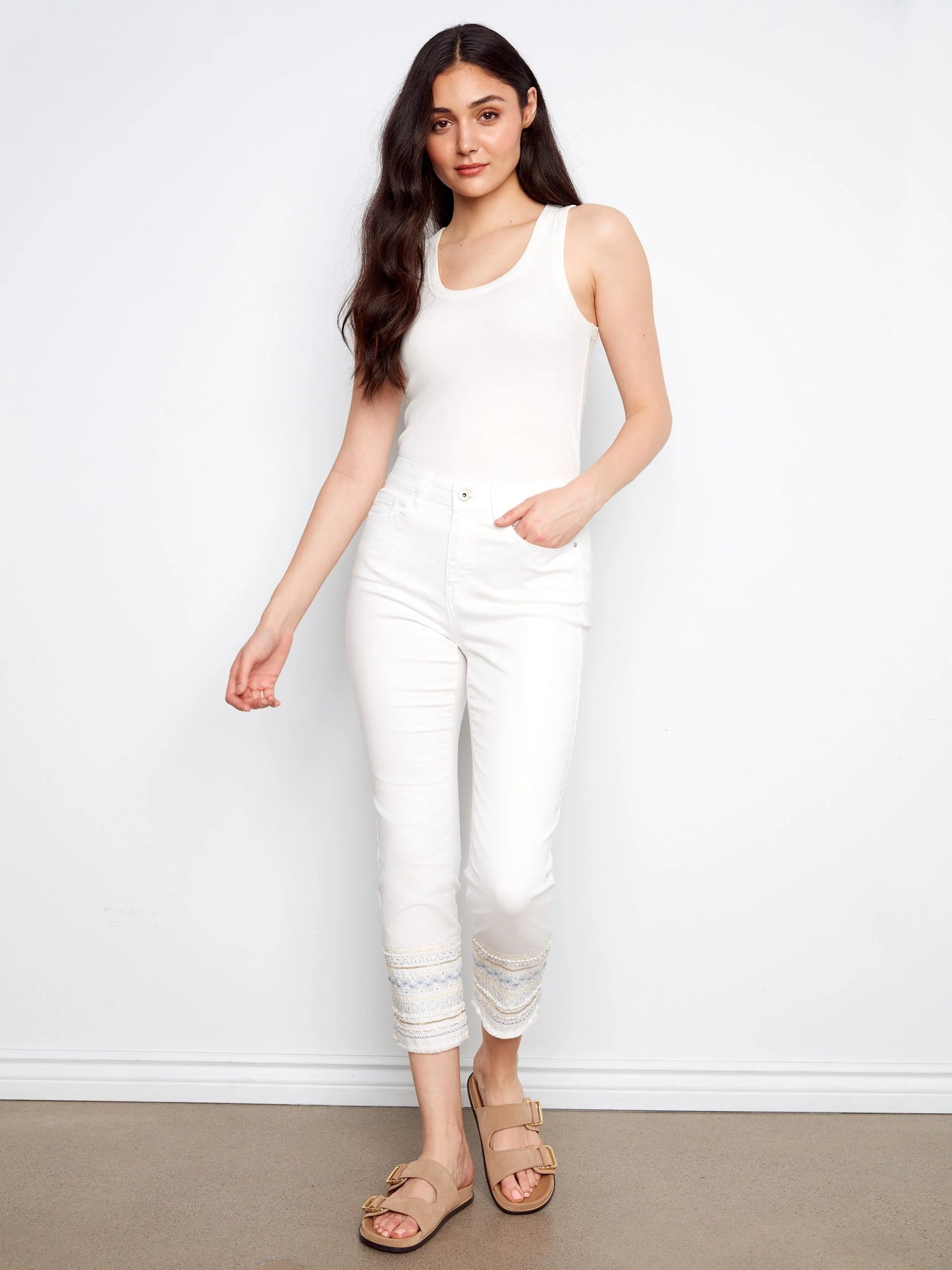 Charlie B-C5640R-002-Ring Spun Denim Slim Pants W/Hem Embroidery-White - The Coach Pyramids