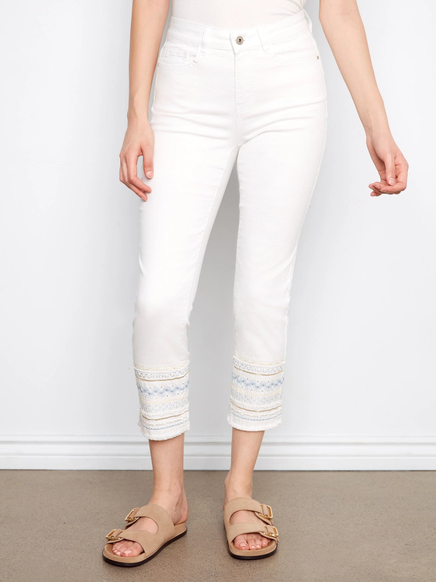 Charlie B-C5640R-002-Ring Spun Denim Slim Pants W/Hem Embroidery-White - The Coach Pyramids