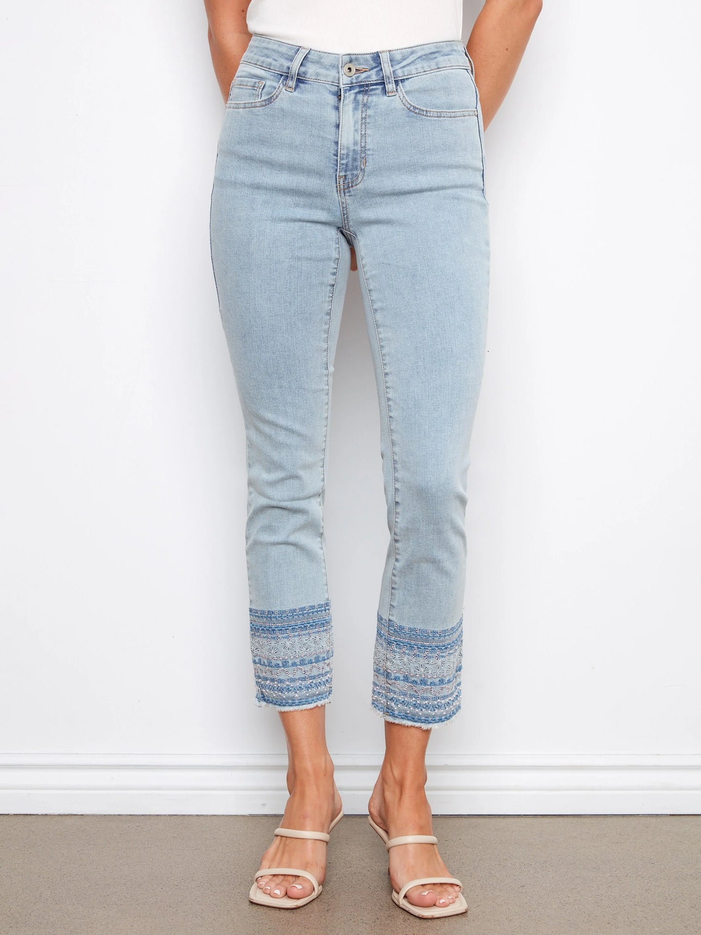Charlie B-C5640R-140-Ring Spun Denim Slim Pants W/Hem Embroidery-LT Blue - The Coach Pyramids