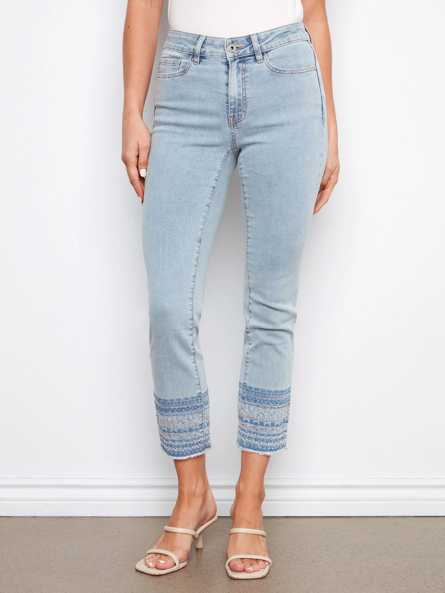 Charlie B-C5640R-140-Ring Spun Denim Slim Pants W/Hem Embroidery-LT Blue - The Coach Pyramids