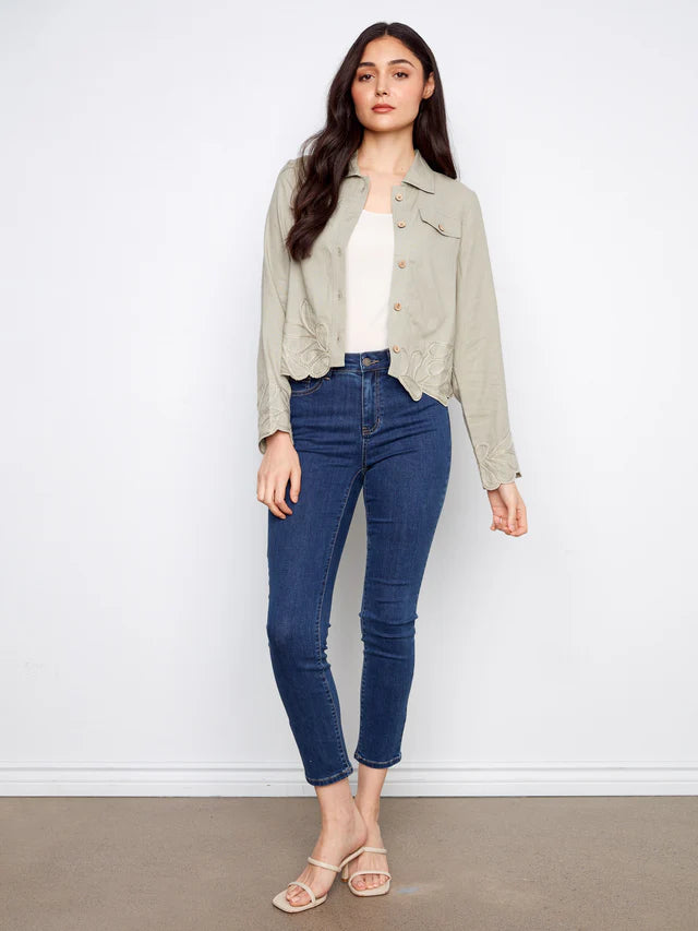 Charlie B-C6398-153-Linen Jacket W/Embroidered Hem-Sage - The Coach Pyramids
