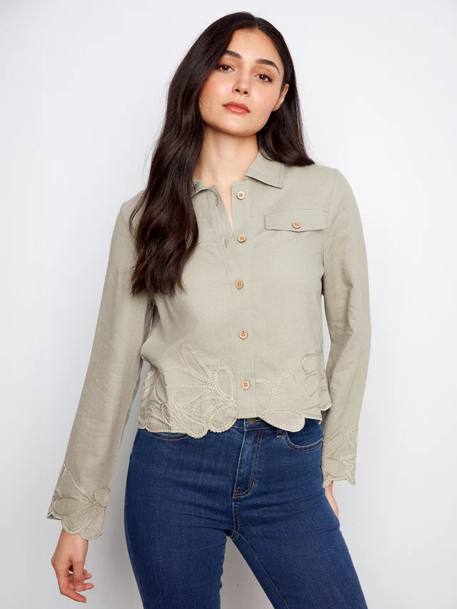 Charlie B-C6398-153-Linen Jacket W/Embroidered Hem-Sage - The Coach Pyramids