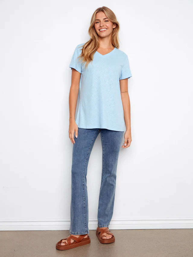 Charlie B-C1231ZPK-239-Foil Printed Linen V-Neck T Shirt-Blue Bell - The Coach Pyramids
