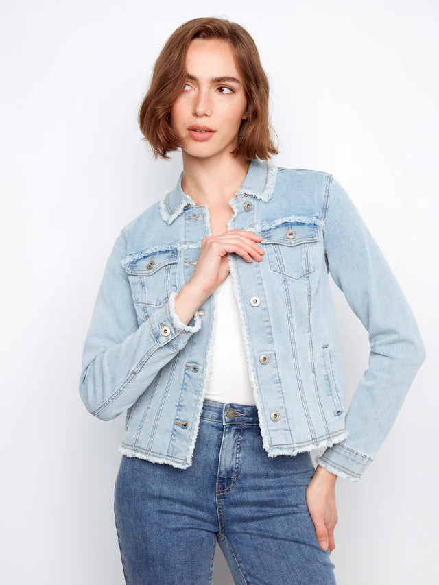 Charlie B-C6233XX-243-Fringe Edges Stretch Denim Jacket-Bleach Blue - The Coach Pyramids