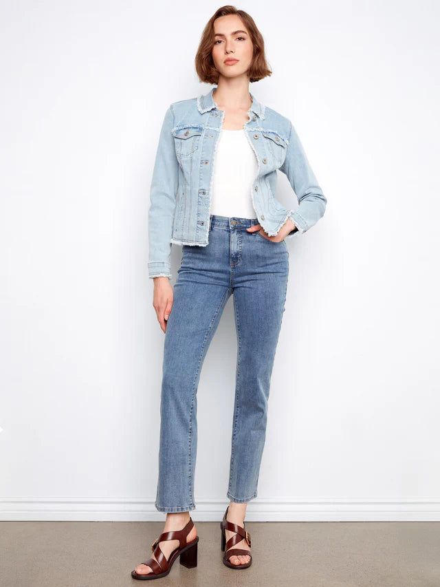 Charlie B-C6233XX-243-Fringe Edges Stretch Denim Jacket-Bleach Blue - The Coach Pyramids