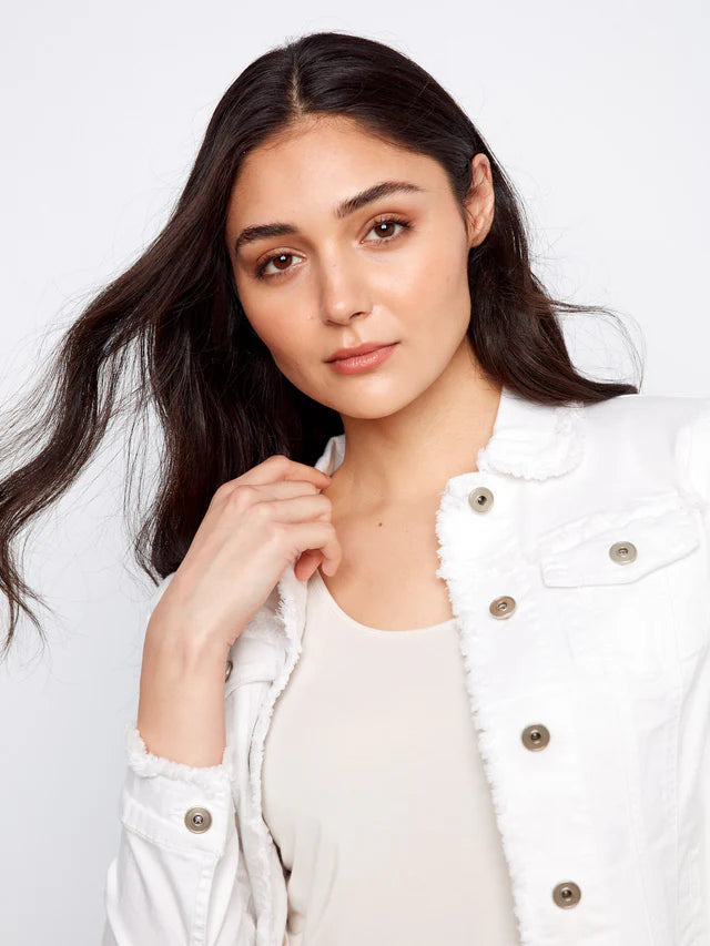 Charlie B-C6233XX-002-Fringe Edges Stretch Denim Jacket-White - The Coach Pyramids