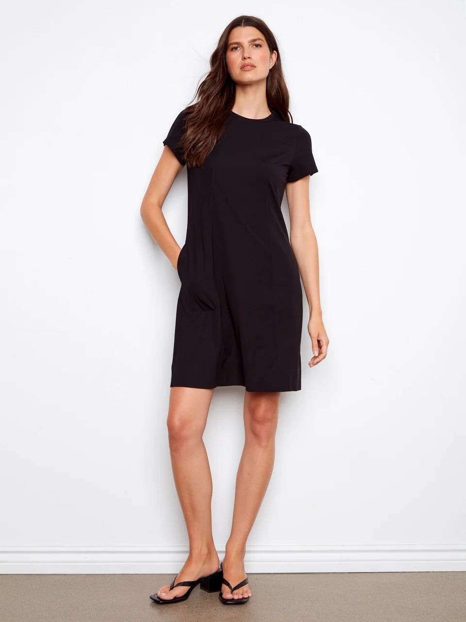 Charlie B-C3228-001-Interlock Knit Knee Length Dress-Black - The Coach Pyramids