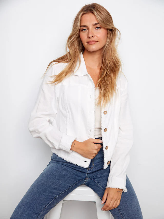 Charlie B-C6199YY-002-Linen Jacket W/Frayed Hem-White - The Coach Pyramids