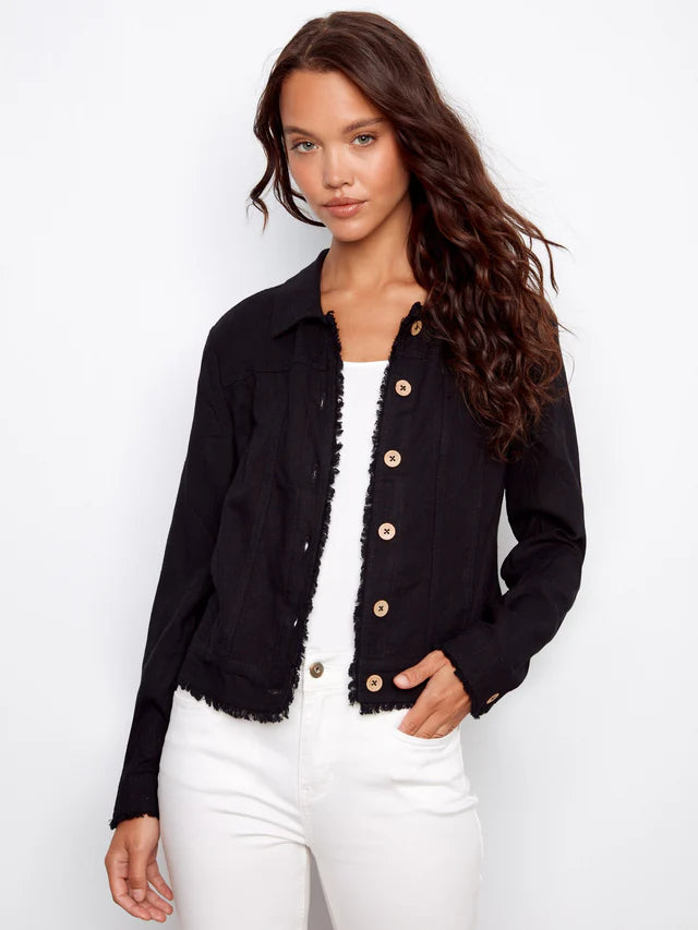 Charlie B-C6199YY-001-Linen Jacket W/Frayed Hem-Black - The Coach Pyramids