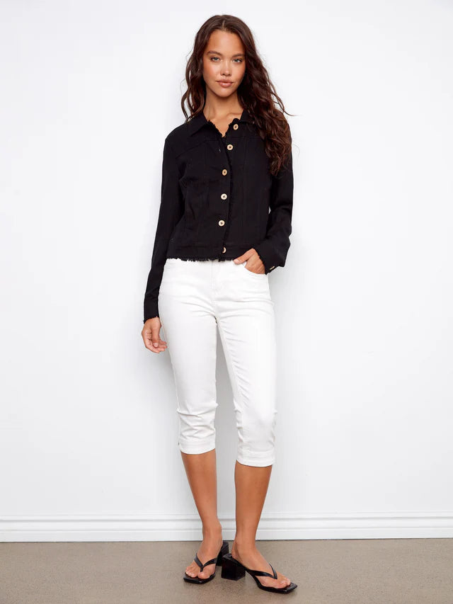 Charlie B-C6199YY-001-Linen Jacket W/Frayed Hem-Black - The Coach Pyramids