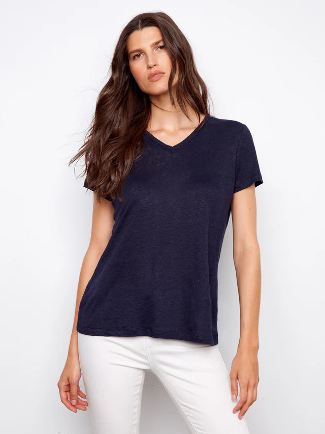 Charlie B-C1231ZPK-117-Linen V-Neck T Shirt-Navy - The Coach Pyramids