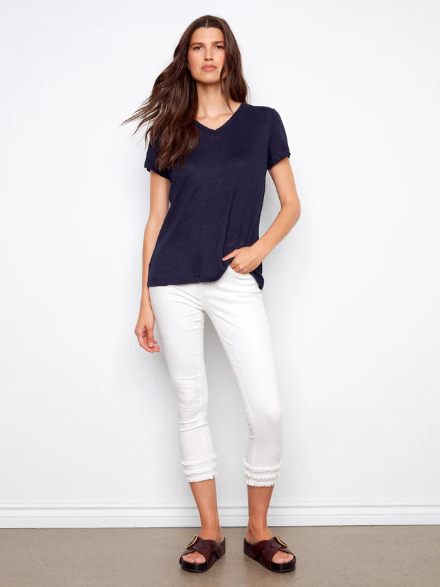 Charlie B-C1231ZPK-117-Linen V-Neck T Shirt-Navy - The Coach Pyramids