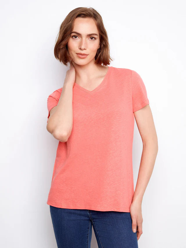 Charlie B-C1231ZPK-298-Linen V-Neck T Shirt-Sorbet - The Coach Pyramids