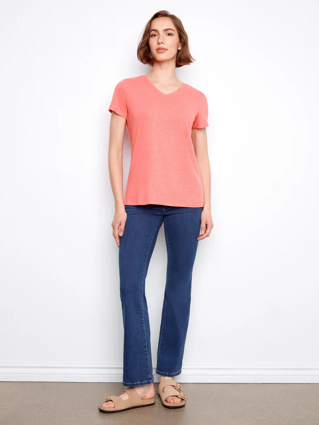 Charlie B-C1231ZPK-298-Linen V-Neck T Shirt-Sorbet - The Coach Pyramids