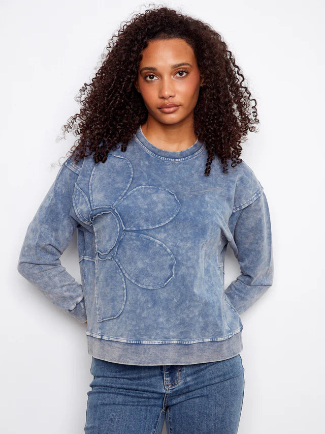Charlie B-C1417-006-Long Sleeve Top W/Flower Applique-Denim - The Coach Pyramids