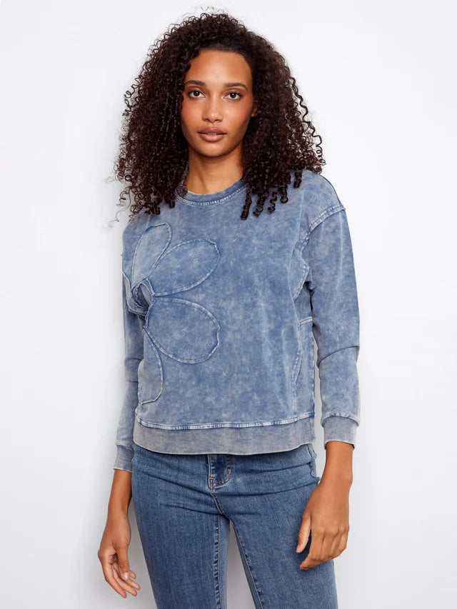 Charlie B-C1417-006-Long Sleeve Top W/Flower Applique-Denim - The Coach Pyramids