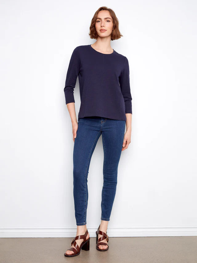 Charlie B-C1293TPK-117-3/4 Sleeve Organic Cotton Jersey Top-Navy - The Coach Pyramids