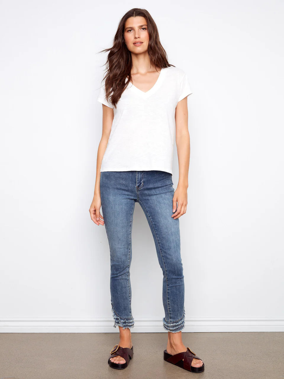 Charlie B-C1428PK-002-Cotton Drop Shoulder V Neck T-Shirt-White - The Coach Pyramids