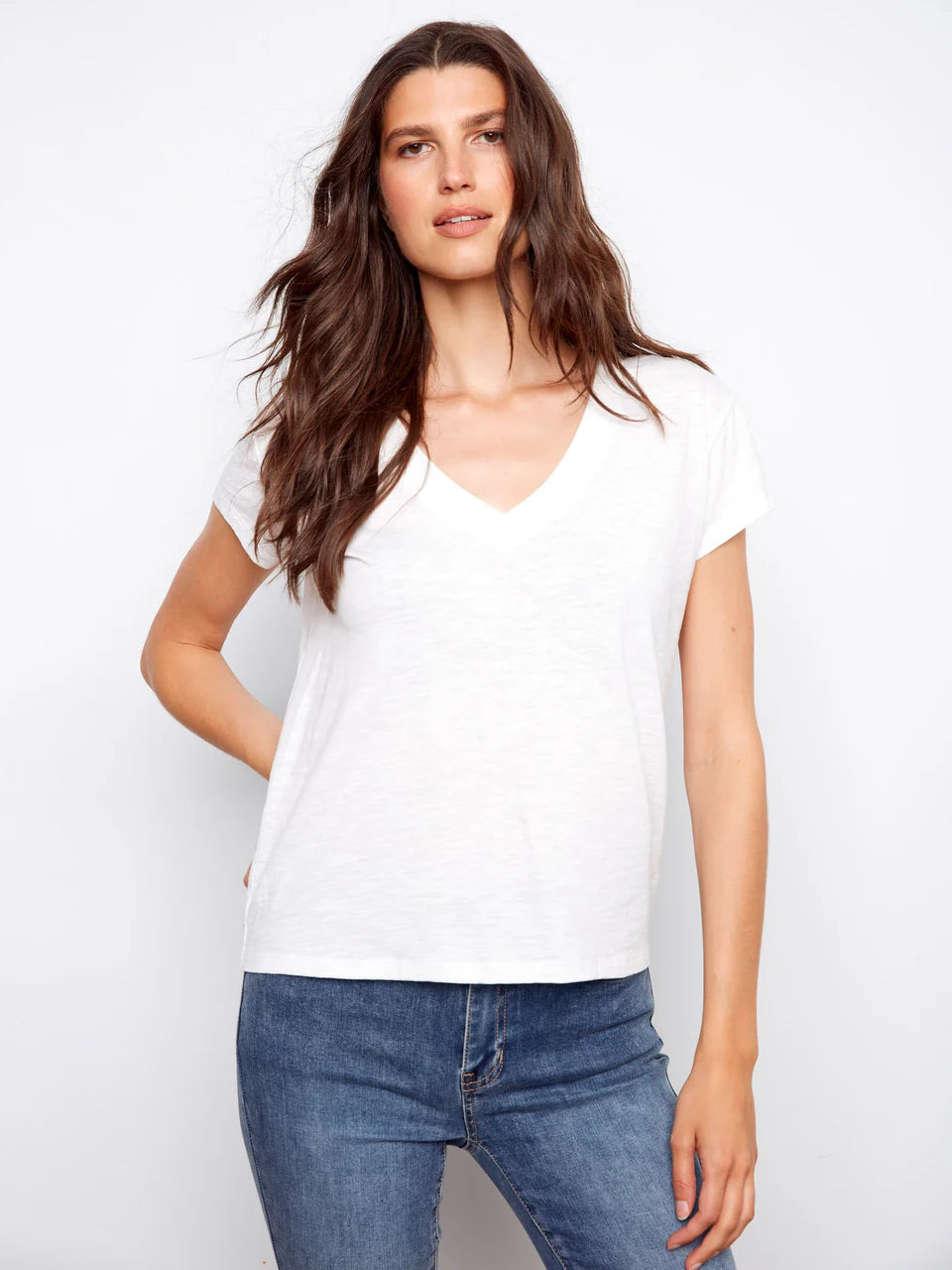 Charlie B-C1428PK-002-Cotton Drop Shoulder V Neck T-Shirt-White - The Coach Pyramids