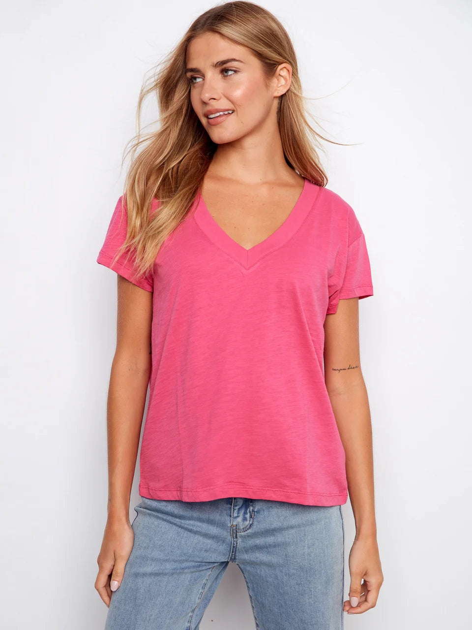 Charlie B-C1428PK-377-Cotton Drop Shoulder V Neck T-Shirt-Fuchsia - The Coach Pyramids