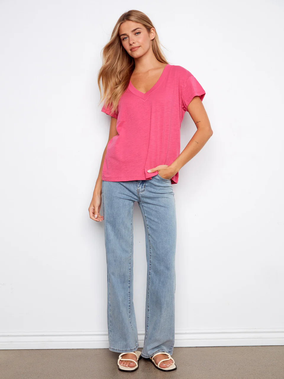 Charlie B-C1428PK-377-Cotton Drop Shoulder V Neck T-Shirt-Fuchsia - The Coach Pyramids