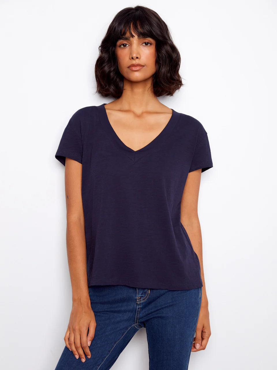 Charlie B-C1428PK-117-Cotton Drop Shoulder V Neck T-Shirt-Navy - The Coach Pyramids