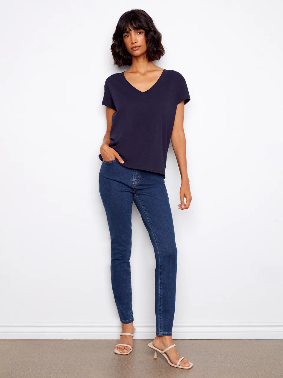 Charlie B-C1428PK-117-Cotton Drop Shoulder V Neck T-Shirt-Navy - The Coach Pyramids