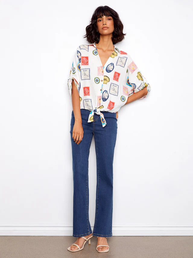 Charlie B-C4637X-P867-Printed Front Tie Button Front Blouse-Postcard - The Coach Pyramids