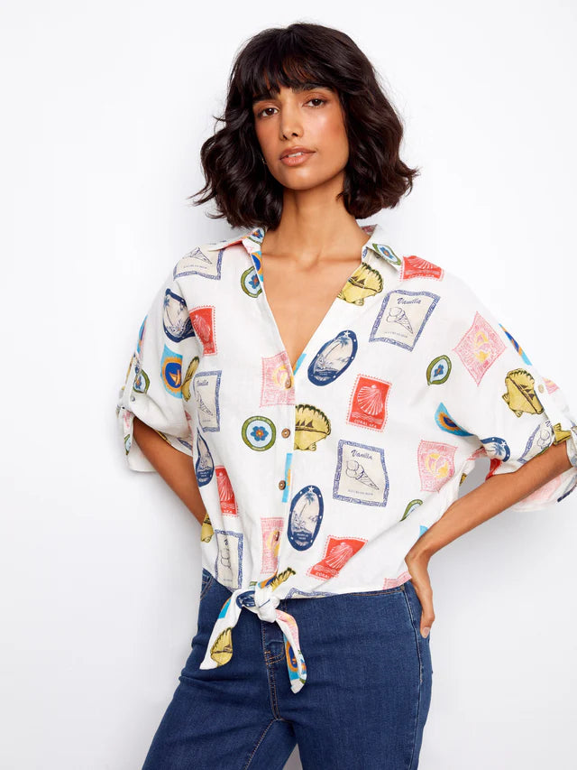 Charlie B-C4637X-P867-Printed Front Tie Button Front Blouse-Postcard - The Coach Pyramids