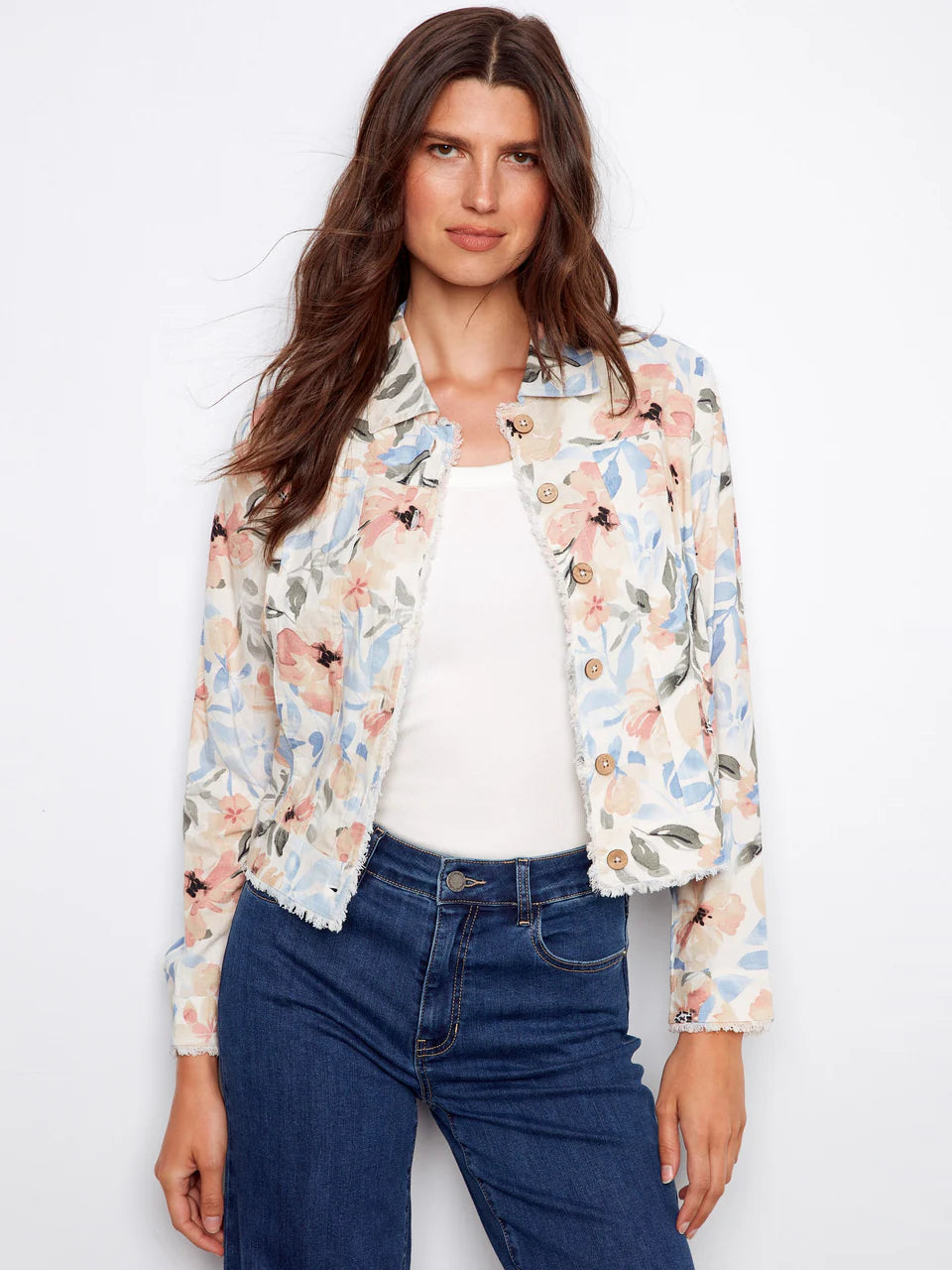 Charlie B-C6199TP-P254-Printed Linen Jacket W/Frayed Hem-Aurelia - The Coach Pyramids