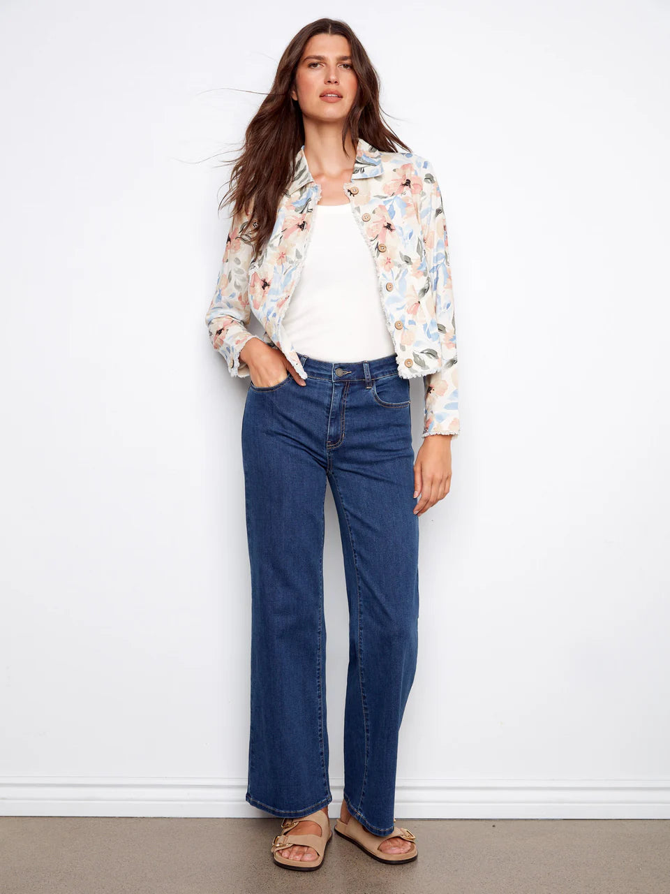 Charlie B-C6199TP-P254-Printed Linen Jacket W/Frayed Hem-Aurelia - The Coach Pyramids